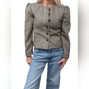 Vintage 80s Cashmere Wool Herringbone Puff Shoulder Cropped Jacket Sz 4